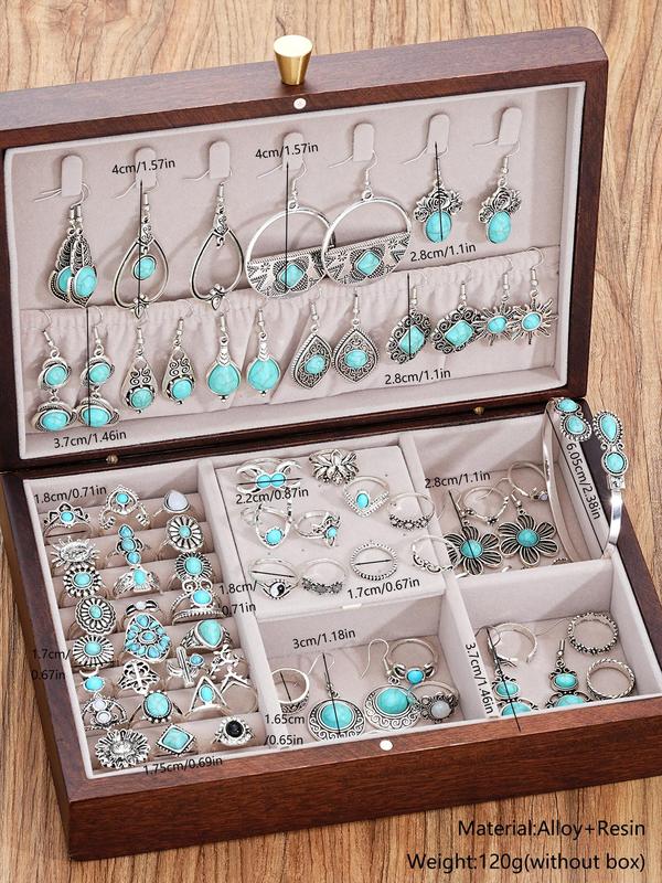 Boho Style Turquoise Decorated Jewelry Set, Vintage Style Jewelry Set Including Bracelet, Dangle Earrings, Ring, Fashion Accessories for Women