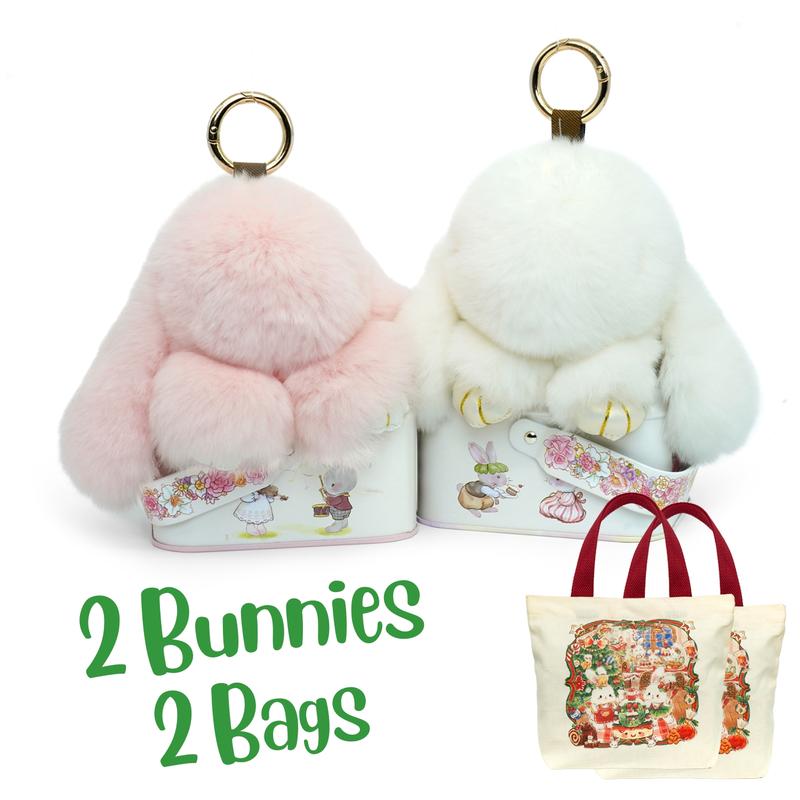 4 Pcs Christmas Bundle -  White & Pink Bunny PomPom Keychain with 2 Red Mini Canvas Tote Bag, Holiday Gift Set