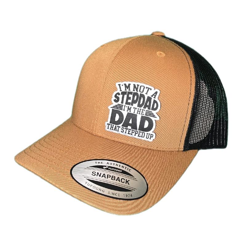 StepDad That Stepped Up Hat - Snapback   Flexfit Available In Multiple Colors - Cotton & Polyester - Carbon Fiber Silver Leatherette Patch trucker hat