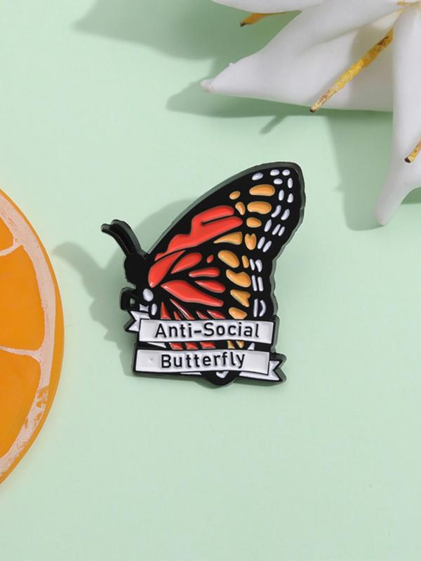 Butterfly Design Brooch, Cute Letters Print Enamel Brooch for Daily Clothing Decor, Trendy All-match & Exquisite Brooch for Birthday Gift