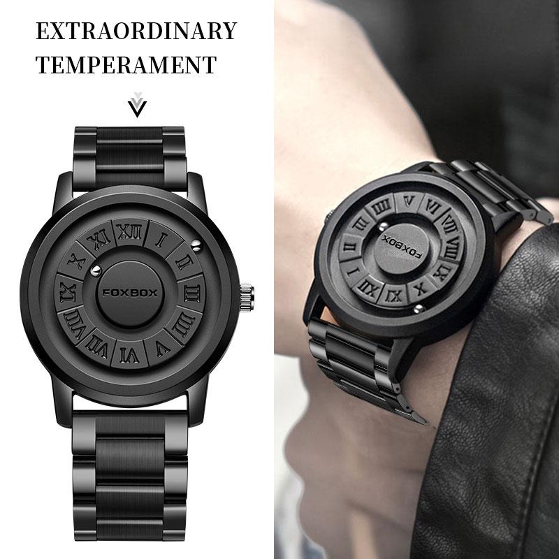 FOXBOX New Concept Design with no Watch Crystal and Magnetic Powered Roman Numerals Unisex Fashion Watch