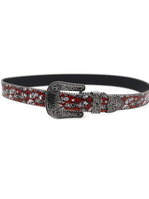 Fashion Rhinestone Decor Floral & Skull Pattern PU Buckle Belt, Punk Style Flower Design Belt for Men & Women, All-match Goth Accessories for Party, Daily Clothing Decor As Birthday Gift