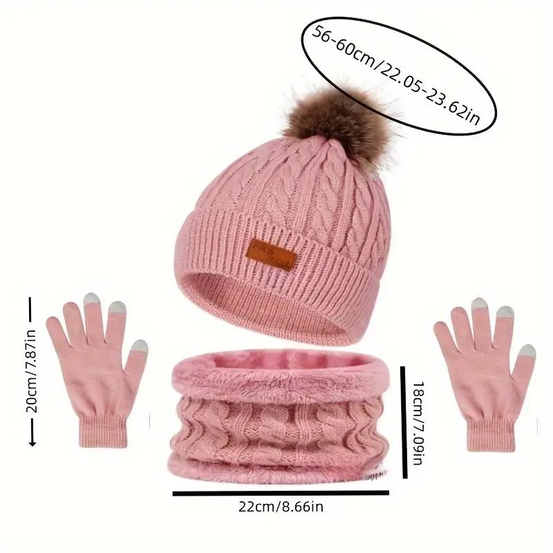 Winter Hats for women Festive winter knitted hat kit featuring pom - poms. This 3 - in - 1 warm set encompasses a thick hat, a cozy scarf, and touchscreen gloves. It's perfect for ladies during cold - day outings.