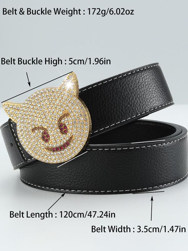 Men's Street Style Rhinestone Decorated PU Leather Belt, Cat Design Trendy Buckle Belt, Fashionable Clothes Accessories for Daily & Party Decoration