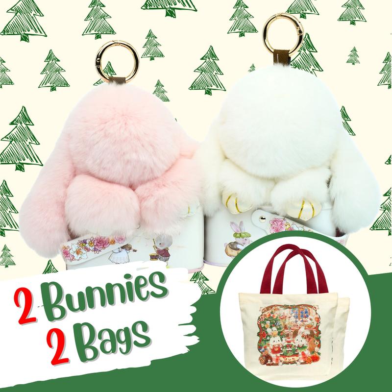 4 Pcs Christmas Bundle -  White & Pink Bunny PomPom Keychain with 2 Red Mini Canvas Tote Bag, Holiday Gift Set