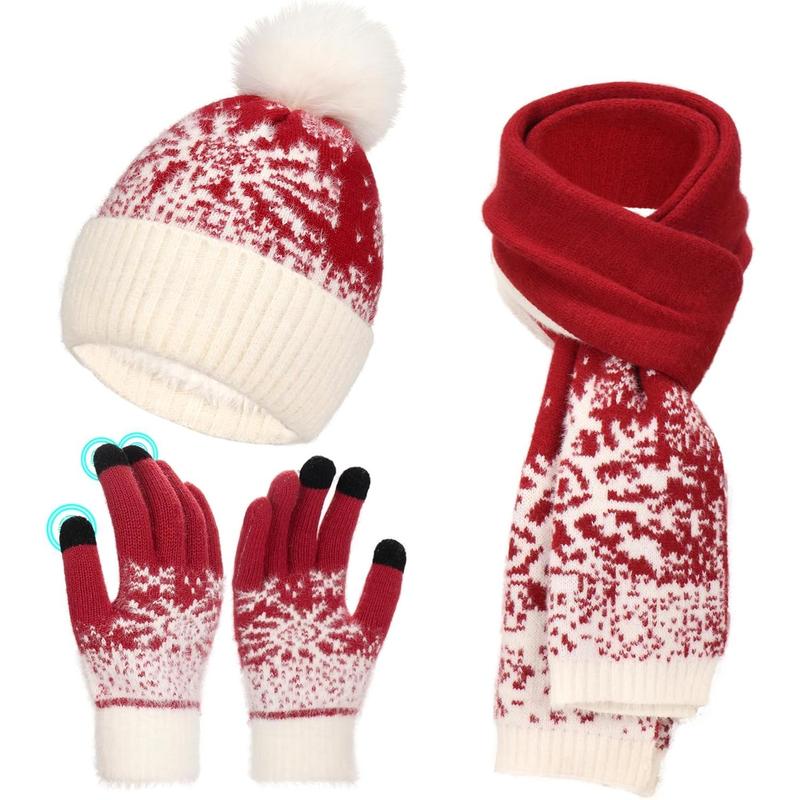 Winter Hat Scarf Gloves Set for Women Fleece Lined Knit Beanie Hat with Pom Pom Touchscreen Gloves Long Scarf