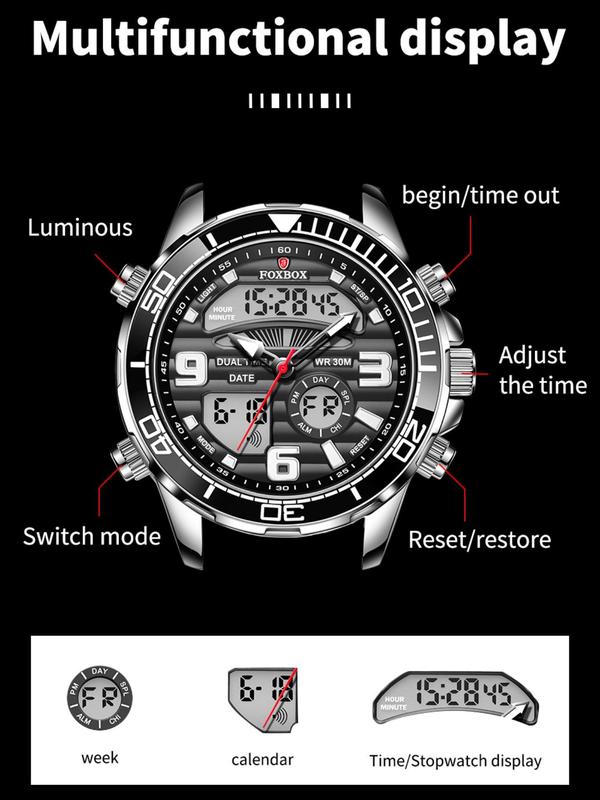 Men's Classic Business Digital Quartz Watch, Fashionable Round Dial Analog-digital Watch with Luminous Dial, Waterproof Watch with Date Display Function, Perfect Gifts for Men, with Box