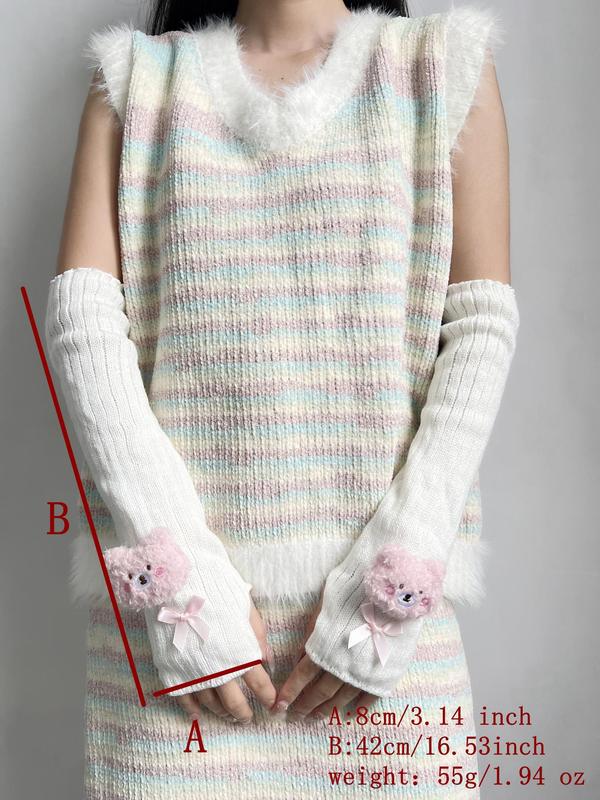 Cute Bear Patched Design Gloves, Women's Bow Decor Warm Gloves for Fall & Winter, Fashion Accessories for Women & Girls