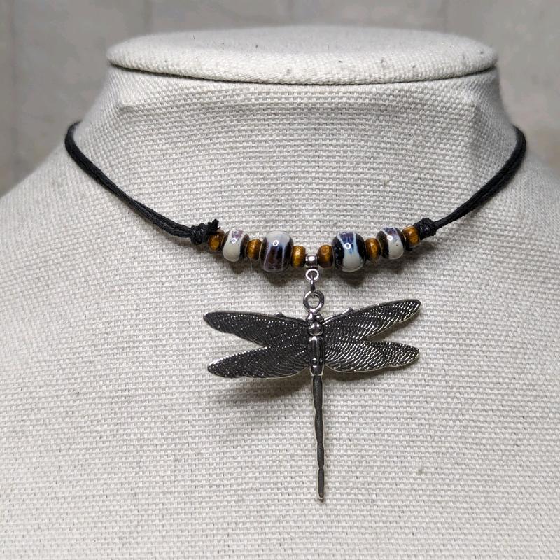 Ceramic Beaded Dragonfly Boho Hippie Whimsical Adjustable Black Rope Cord Choker Stacking Necklace