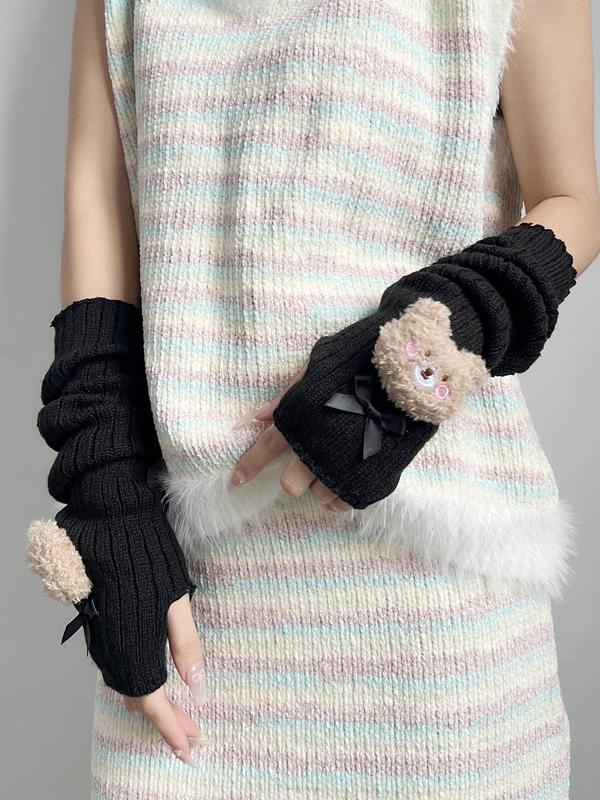 Cute Bear Patched Design Gloves, Women's Bow Decor Warm Gloves for Fall & Winter, Fashion Accessories for Women & Girls