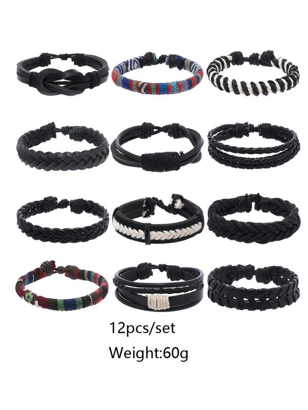 Vintage Braided Leather Matching Bracelet, 12pcs Men's Fashion Streetwear Punk Goth Accessories, Casual Hip Hop Jewelry For Party, Daily Clothing Decor for Party, Club, Pub, Musical Festival