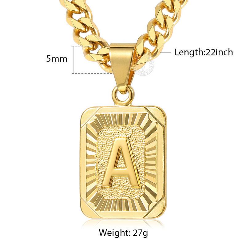 Initial Letter Pendant Necklace for Men Womens, Gold Plated Square Capital Choker Alhpabets from A-Z 5mm 22inch Curb Chain Necklace