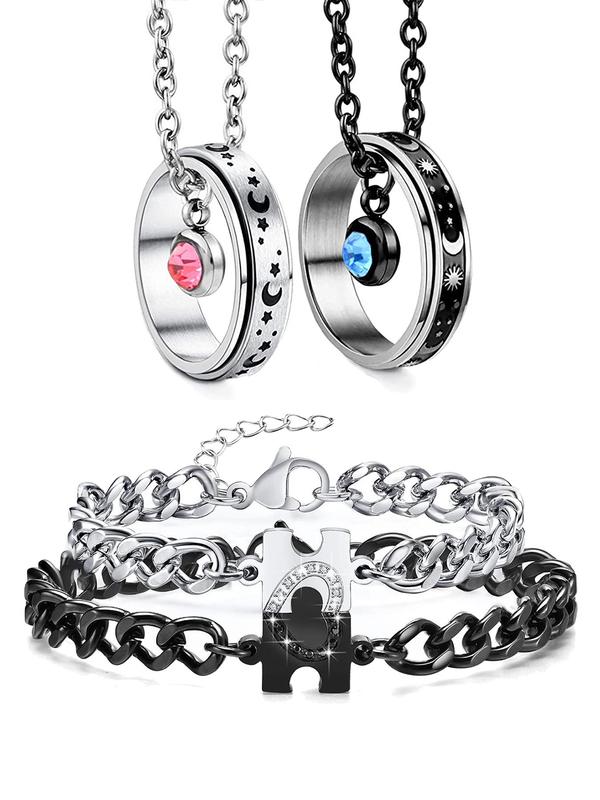 Couple's Puzzle Design Rhinestone Decorated Jewelry Set, Casual Trendy Matching Bracelet & Necklace, Fashion Accessories for Both Men & Women