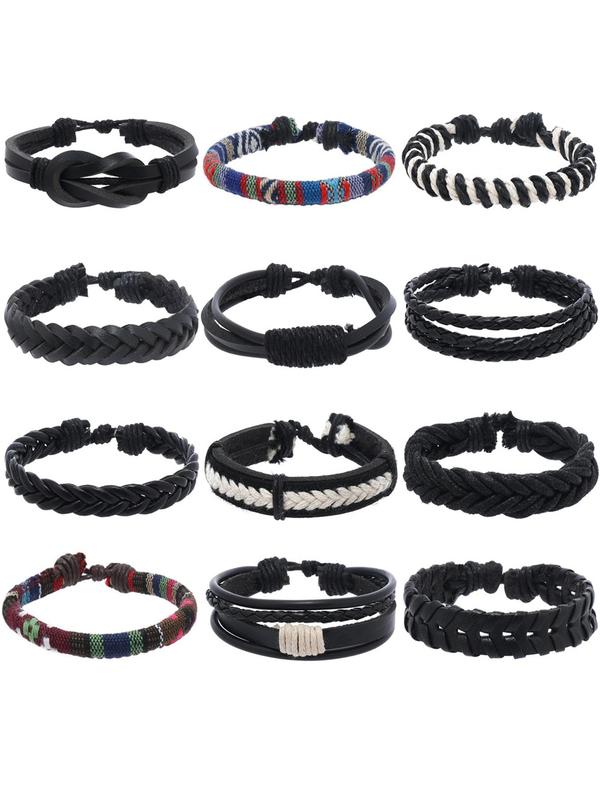 Vintage Braided Leather Matching Bracelet, 12pcs Men's Fashion Streetwear Punk Goth Accessories, Casual Hip Hop Jewelry For Party, Daily Clothing Decor for Party, Club, Pub, Musical Festival