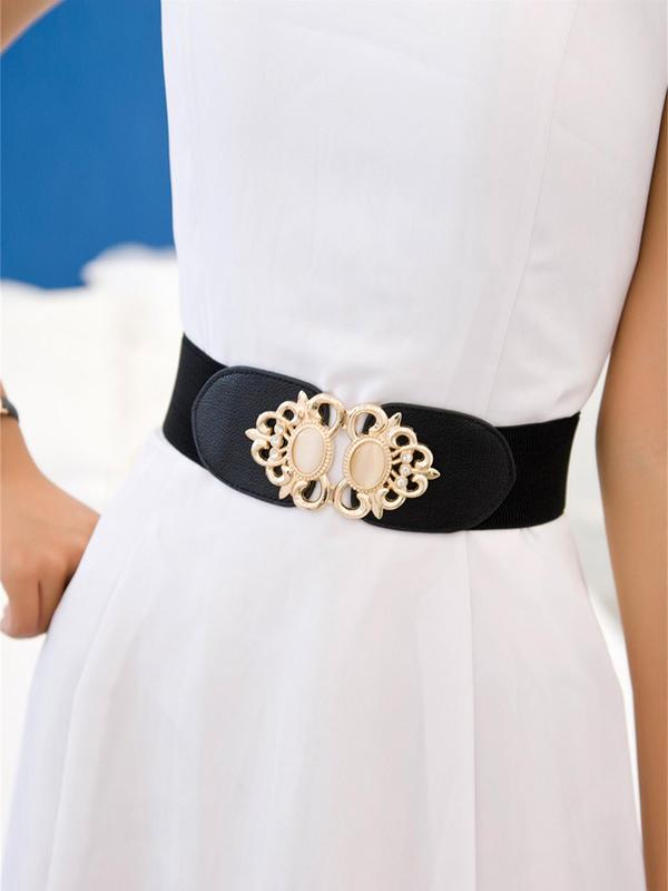 Women's Elegant Rhinestone Decorated Wide Belt, Trendy Elastic Symmetrical Buckle Belt for Jeans & Dress, Fashion Accessories for Daily Use