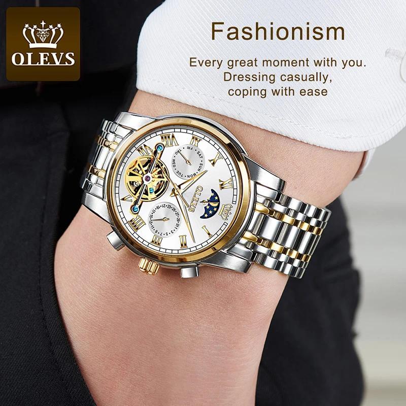 OLEVS Watch For Men Luxury Automatic Stainless Steel Skeleton Mechanical Men Watches Waterproof Moon Phase Wristwatch Men Watch