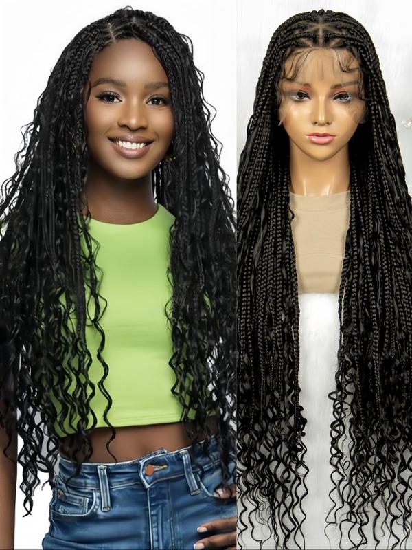 38 Inch Long Box Braids Curly Lace Wigs for Women, Gorgeous Fluffy Wigs with Baby Hair, Synthetic Braided Full Lace Wigs for Party, Daily Use