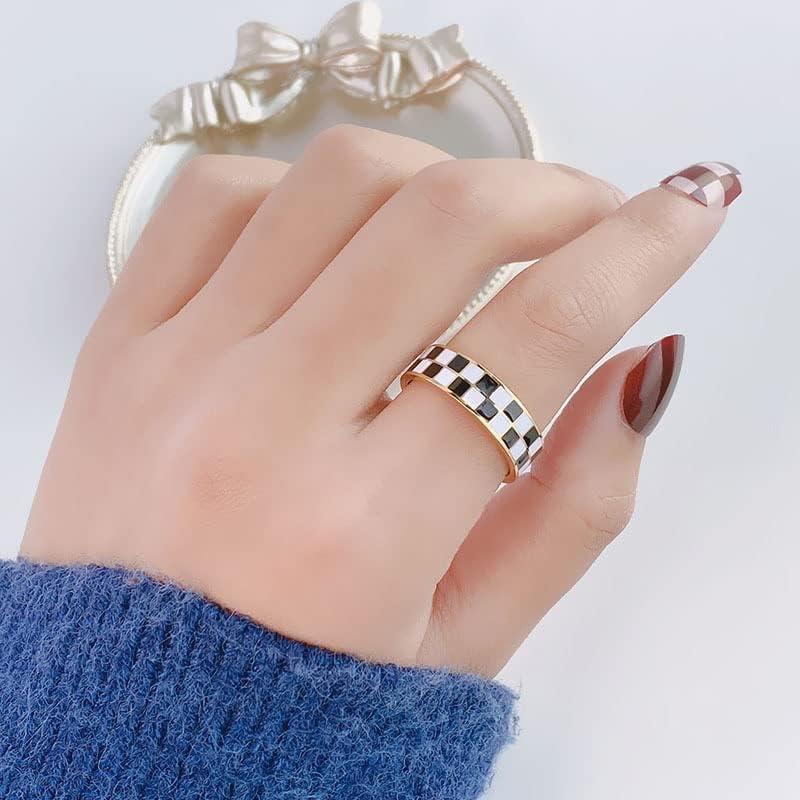 Checkerboard Bands Statement Finger Ring  Gold Black White Titanium steel Ring Size 5-10