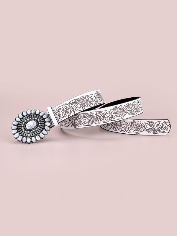 Fashion Random Embossed PU Buckle Belt, Punk White Turquoise Western Belt For Women & Men, All-match Clothes Accessories