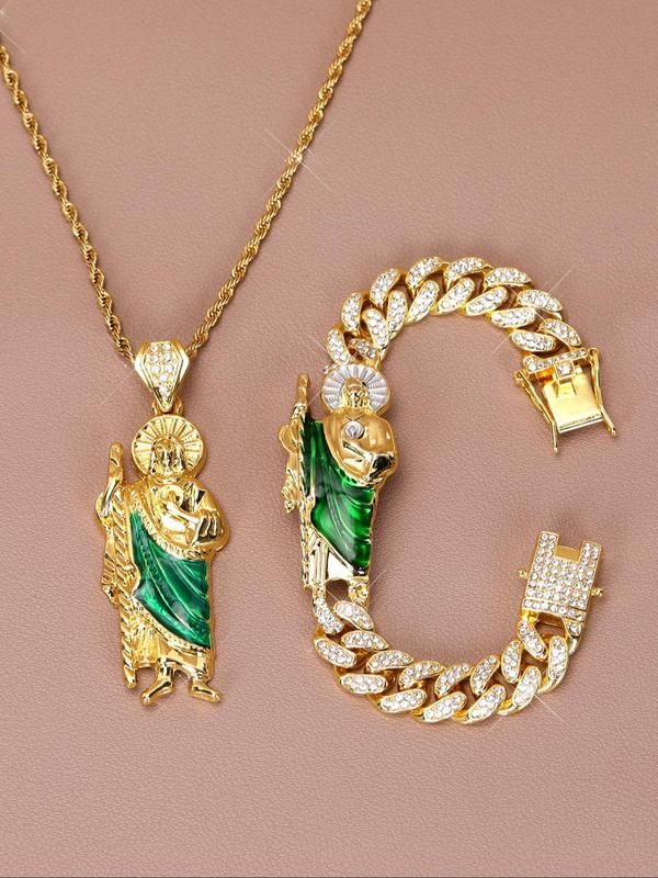 Rhinestone Decorated St. Jude Design Jewelry Set, Fashion Necklace & Bracelet for Party, Daily Clothing Decor, Trendy All-match & Exquisite Jewelry for Birthday Gift