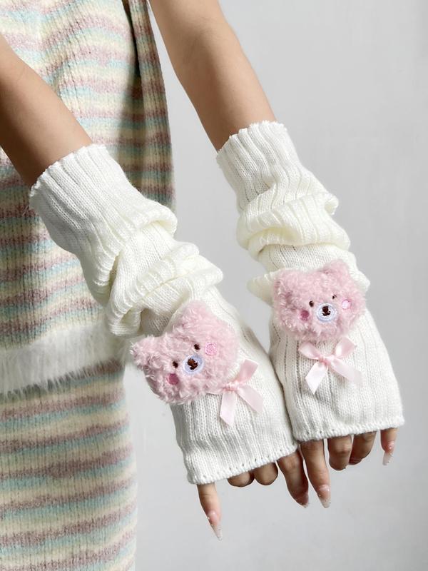 Cute Bear Patched Design Gloves, Women's Bow Decor Warm Gloves for Fall & Winter, Fashion Accessories for Women & Girls