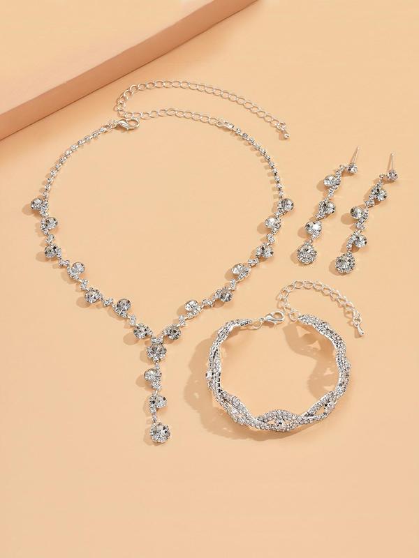 Women's Elegant Rhinestone Decorated Jewelry Set, Exquisite Trendy Dangle Earrings & Pendant Necklace & Bracelet, Fashionable Jewelry Set As Gift without Box