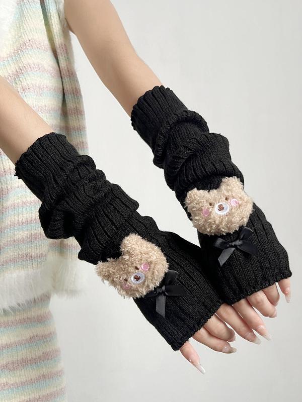 Cute Bear Patched Design Gloves, Women's Bow Decor Warm Gloves for Fall & Winter, Fashion Accessories for Women & Girls