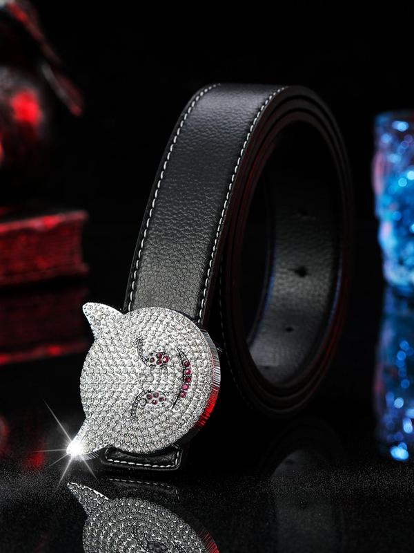 Men's Street Style Rhinestone Decorated PU Leather Belt, Cat Design Trendy Buckle Belt, Fashionable Clothes Accessories for Daily & Party Decoration