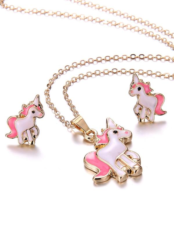 3pcs set Women's Cute Colorful Cartoon Jewelry Set, Trendy Unicorn Design Stud Earrings & Pendant Necklace, Gorgeous Jewelry Set As Birthday Gift for Girlfriend