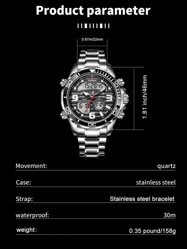 Men's Classic Business Digital Quartz Watch, Fashionable Round Dial Analog-digital Watch with Luminous Dial, Waterproof Watch with Date Display Function, Perfect Gifts for Men, with Box