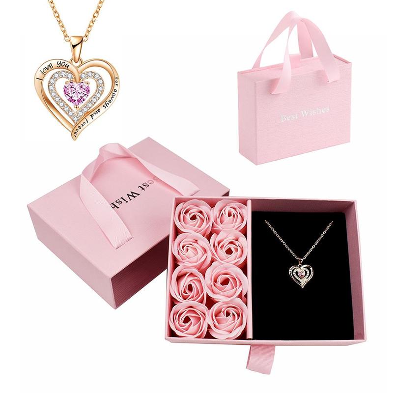 Christmas Gift Express Gift Box with Soap Flower & Heart Pendant Necklace, 1 Box Creative Square Gift Box with Handle, Gift for Mom, Birthday Wedding Engagement Gifts for Women & Girls, Summer Gifts, Girlfriend Gifts Jewelry