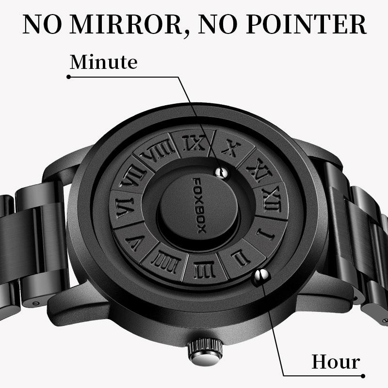 FOXBOX New Concept Design with no Watch Crystal and Magnetic Powered Roman Numerals Unisex Fashion Watch