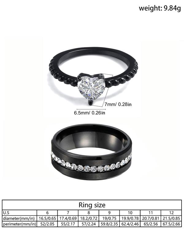 Fashion Elegant Rhinestone Decorated Couple Statement Ring, 2pcs set Engagement Stackable Matching Rings for Couple, Trendy Stainless Steel Jewelry, Ideal Holiday Gift for Men and Women, with Box