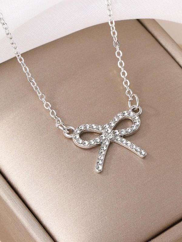 Women's Elegant Rhinestone Decorated Bowknot Design Pendant Necklace, Cute Trendy Pendant Necklace, Fashionable Jewelry for Daily & Party Decoration