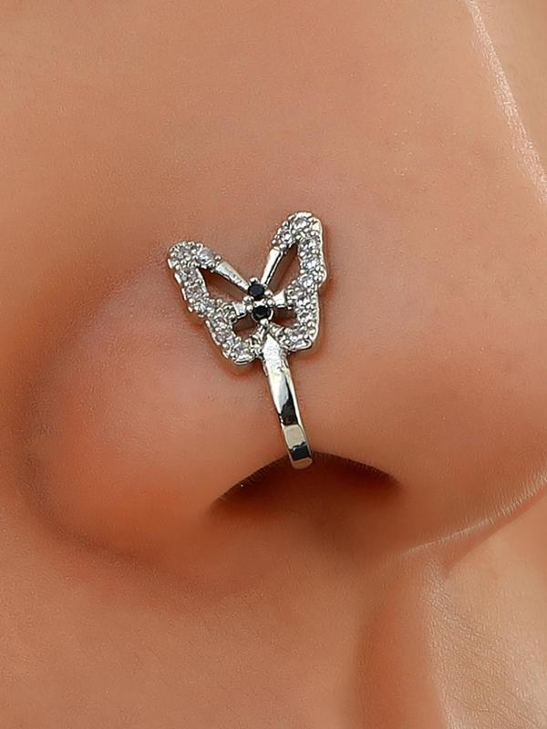 Rhinestone Butterfly Decor Nose Ring, U-shaped Fake Nose Ring, Summer 2024 Body Designer Piercing Jewelry for Women & Girls