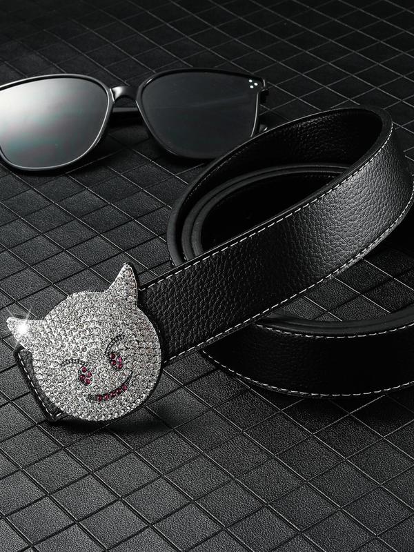 Men's Street Style Rhinestone Decorated PU Leather Belt, Cat Design Trendy Buckle Belt, Fashionable Clothes Accessories for Daily & Party Decoration