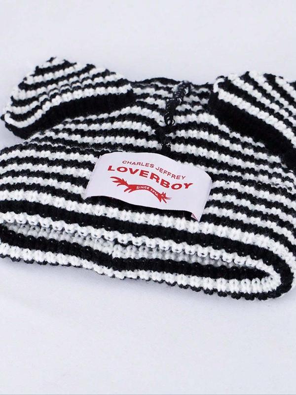 Cute Fox Ear Design Beanie Hat, Striped Pattern Knitted Hat with Letter Patch, Fashion Accessories for Women & Men for Outdoor Activities