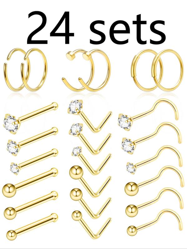 Unisex Street Trend Rhinestone Decor Nose Studs & Rings, 36pcs set Minimalist Stainless Steel Nose Ring Jewelry, Chic Body Piercing Jewelry for Party