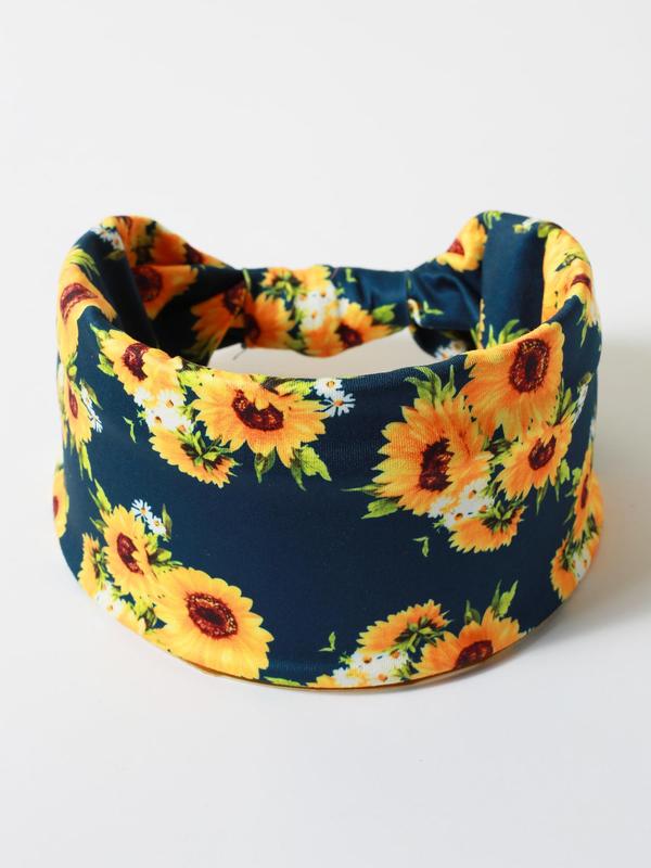 Women's Sunflower Print Twist Sports Tennis Hair Band, Summer Outfits, Pickleball Elastic Wide Band Hair Band, Sports Clothes Accessories, Sweat Absorbing Hair Band for Women, Fall Outfits, Fallfreshness