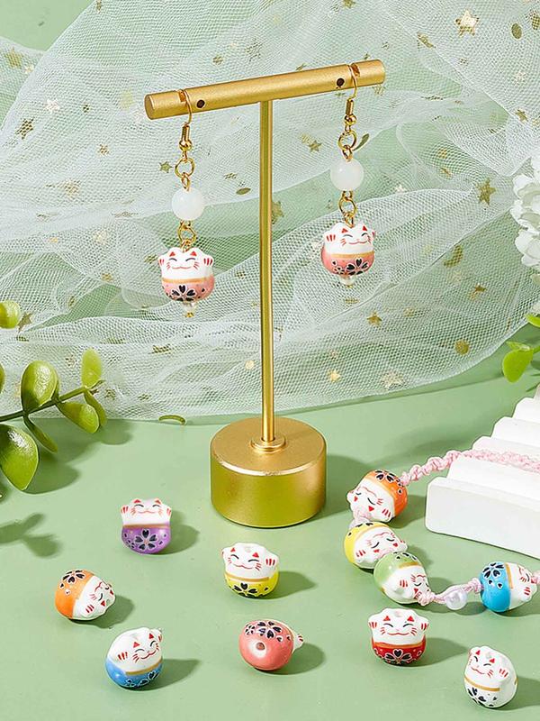 Lucky Cat Design Porcelain Bead, Fortune Cat Loose Beads Charms for Jewelry Making Necklace Bracelet Earrings Accessories, Fashion Accessories for Women & Girls for Holiday Gift