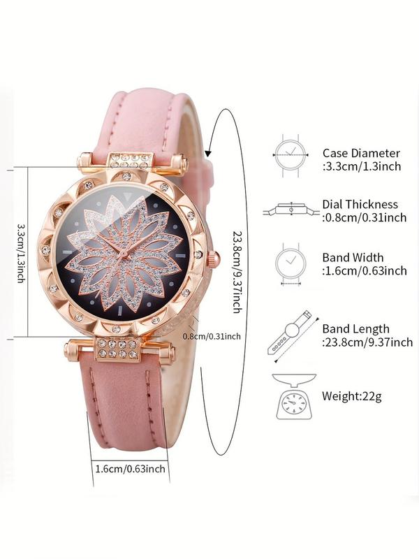 Women's Elegant Rhinestone Decorated Watch & Jewelry Set, Including Round Dial Analog Quartz Watch & Butterfly Design Jewelry, Fashionable Watch Set for Women As Gift