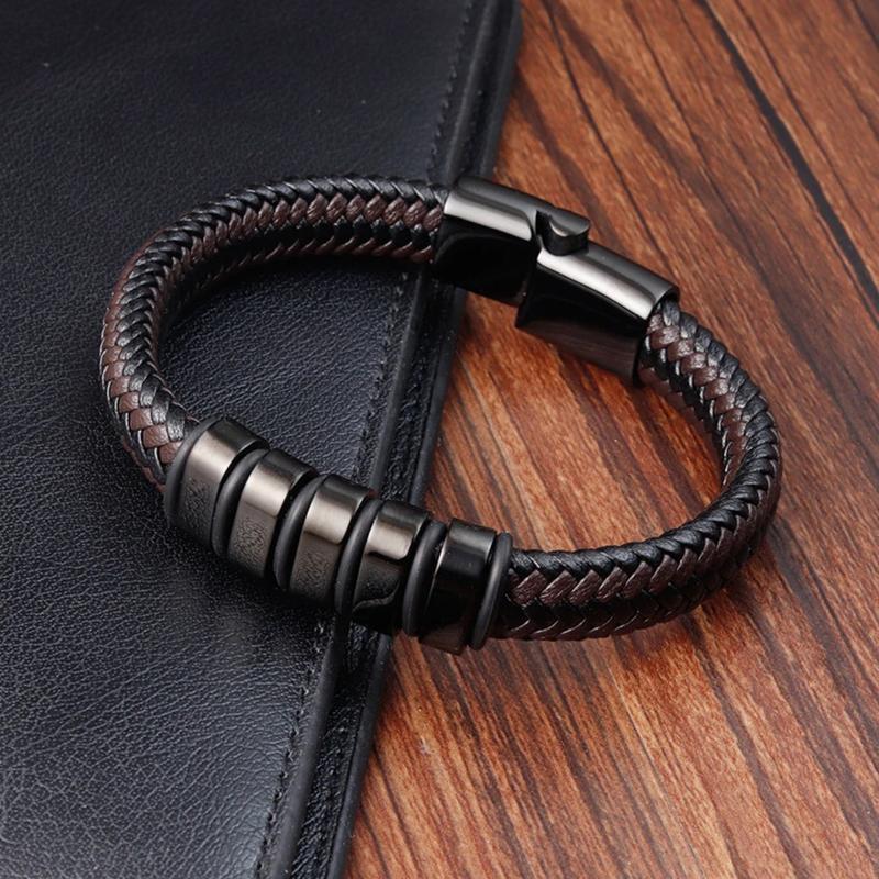 Men's Protection Leather Braided Bracelet Titanium Steel Bangle Leather Braided Wristband Magnetic Clasp for Daily Use Gift to him