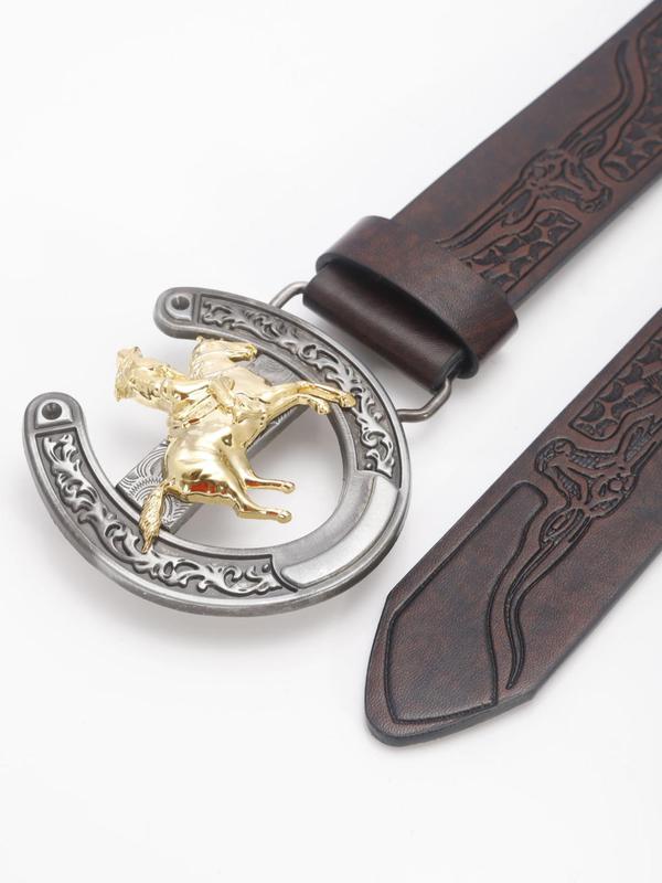 Men's Vintage Horse Buckle Western Belt, Fashionable Retro Funky Fantasy Embossed PU Leather Belt, Y2K Punk Belt for Men, Fashion Accessories for Daily Wear, Fall Outfits, Earthtone Fall Freshness