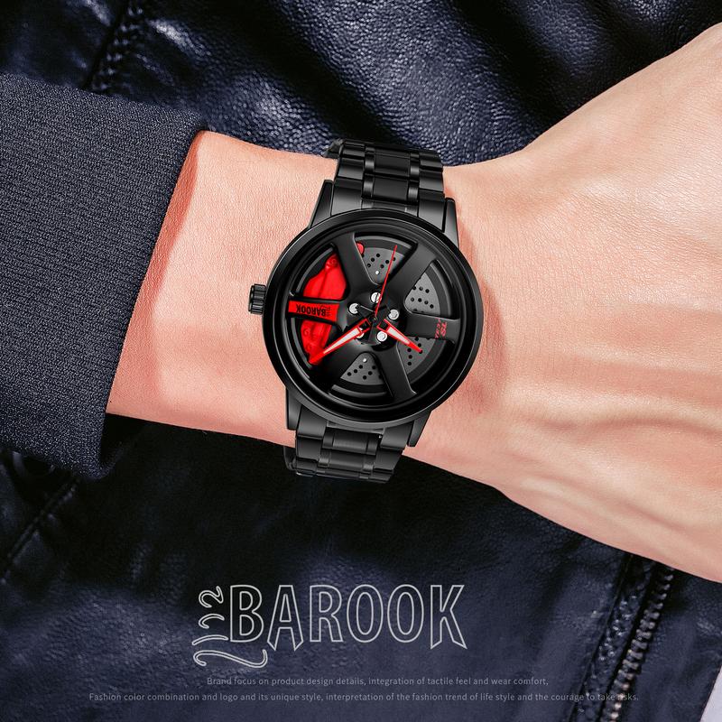 Barook Car Wheel Watch, Stainless Steel Mens Wristwatch with Spinning Car Rim Hub Design, Japanese Quartz Movement, Water Resistant, Scratch Resistant Gifts for Car Enthusiasts