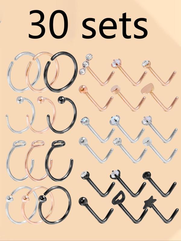 Unisex Street Trend Rhinestone Decor Nose Studs & Rings, 36pcs set Minimalist Stainless Steel Nose Ring Jewelry, Chic Body Piercing Jewelry for Party