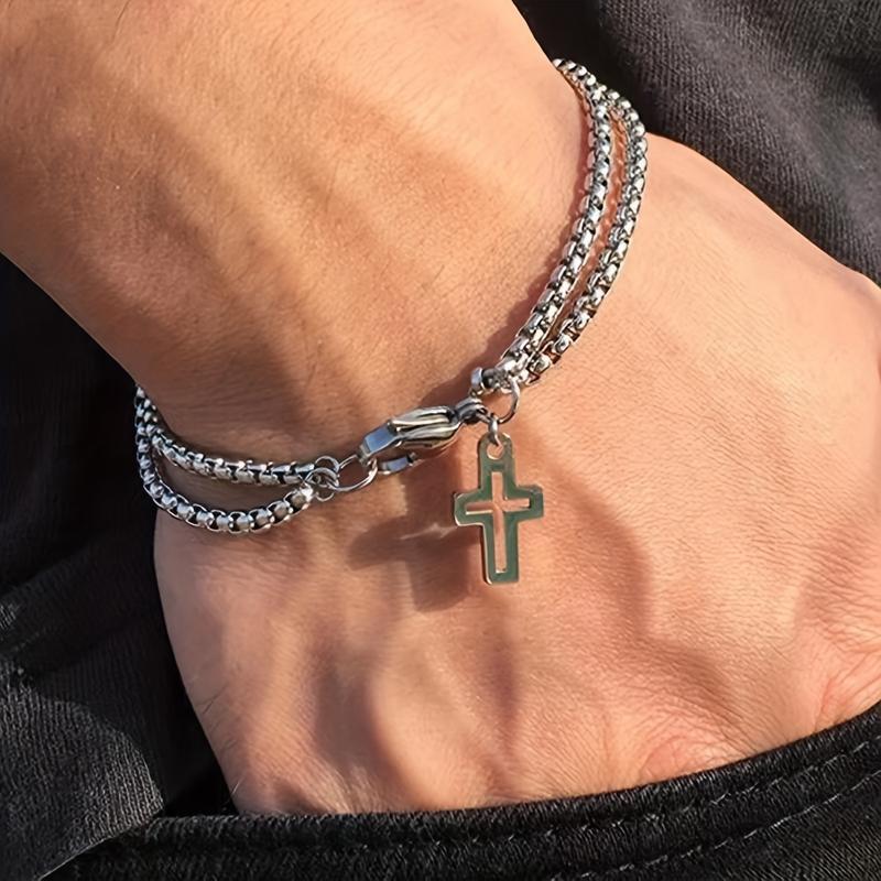 Hollow Double Chain Cross Titanium Steel Men's Bracelet, Double Layer Cool Hand Jewelry