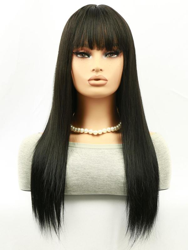 26 Inch Black Long Straight Wigs for Women, Jet Black Wig, Gorgeous Fluffy Wigs with Bangs, Synthetic Full Machine Wigs for Party, Daily Use