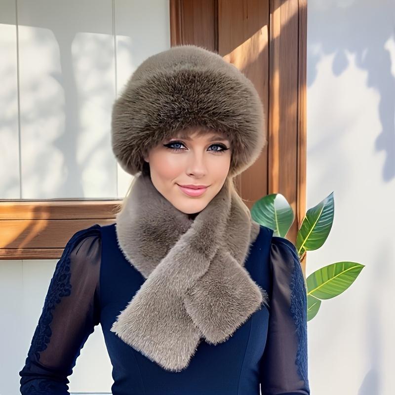 Women's 2pcs Set: Cozy Faux Fur Hat & Scarf Combo - Warm, Knit Winter Ear Warmer with Button Closure, Solid Color, Hand Wash Only