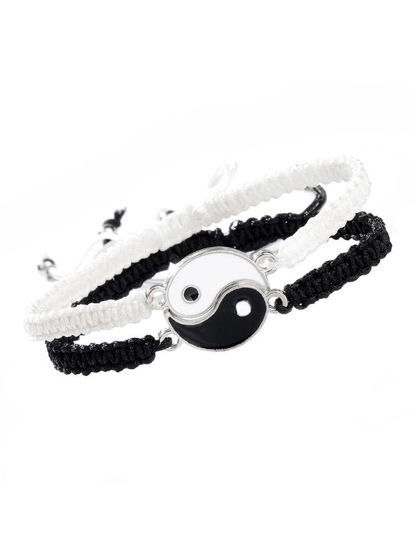 Unisex Round Charm Bracelets Kit Wristbands, Casual Trendy Colorblock Yinyang Design Bracelets for Couple, Fashionable Accessories for Daily & Party Decoration