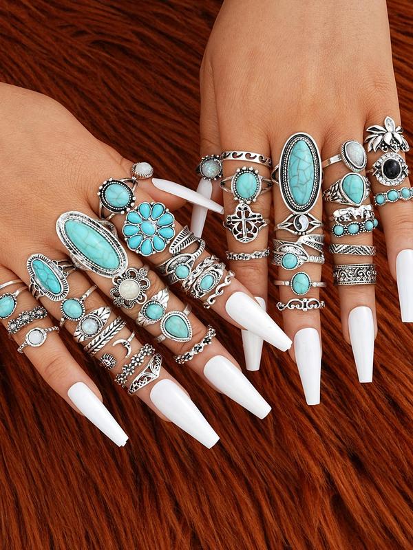 Boho Style Turquoise Texture Jewelry Set, Vintage Necklace & Bracelet & Ring & Earrings, Fashion Accessories for Women & Girls